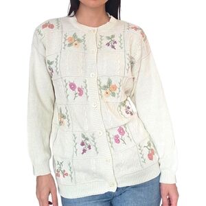 Vintage TulchanFloral Embroidered Cream Cardigan Sweater Size M